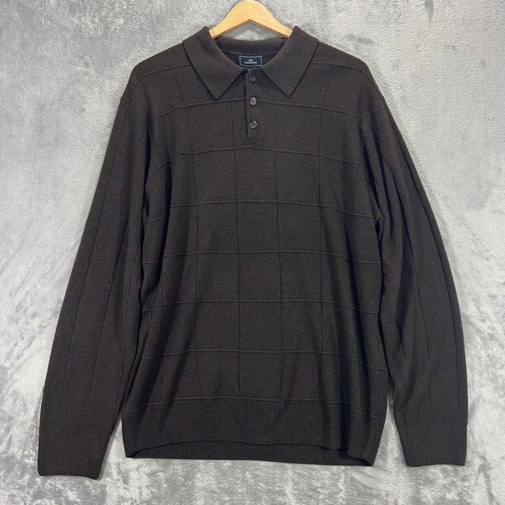 Dockers Pullover Sweater Mens XL Brown Good Windowpane Polo Long Sleeve Acrylic